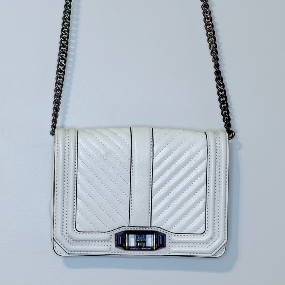 Rebecca Minkoff Ivory Chevron Quilted Small Love Crossbody with Iridescent metal